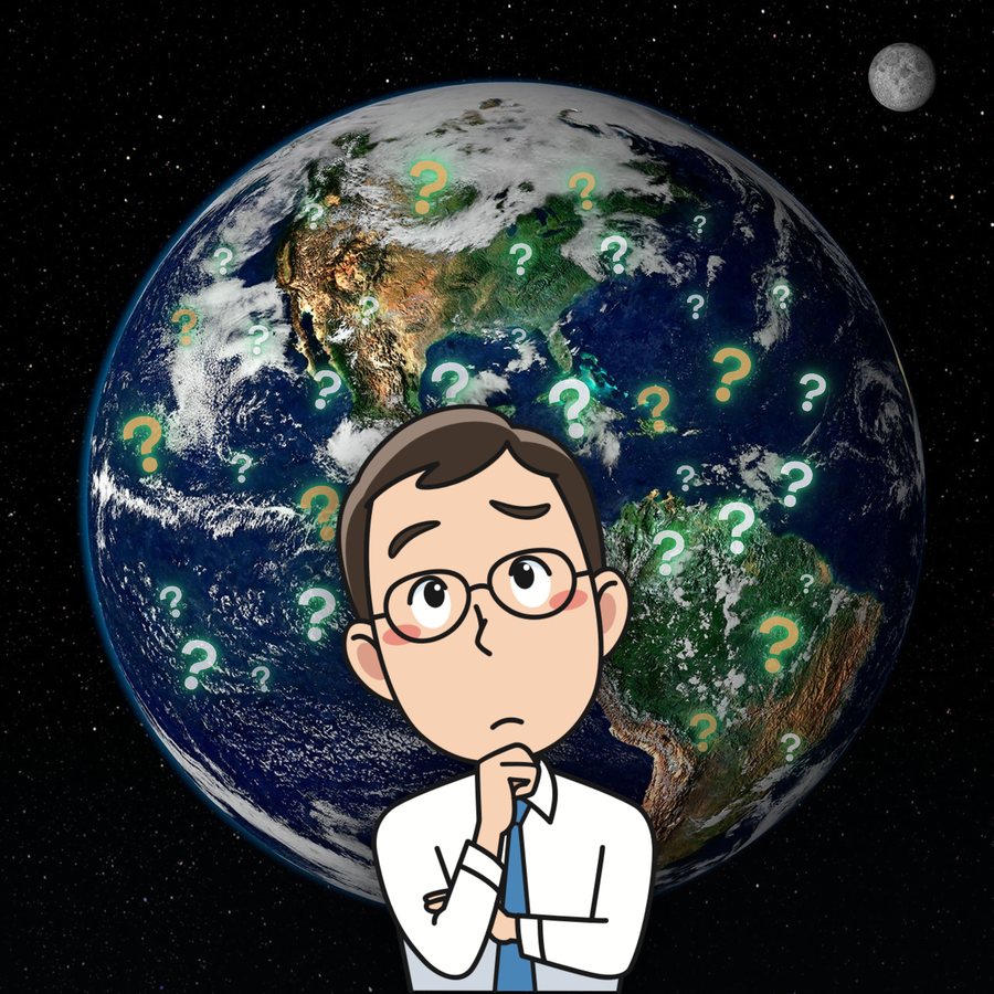 A thoughtful figure in glasses and a white shirt, hand on chin, in front of the Earth seen from space. Question marks in gold, green and white are scattered across the continents and oceans.